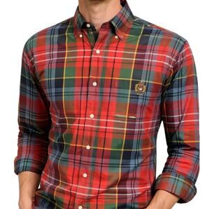 Vintage Polo Ralph Lauren Crest Logo Shirt Men L Red Tartan Plaid Button Down